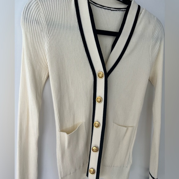 Cream Cardigan with Black Trim and Gold Buttons - Picture 2 of 3